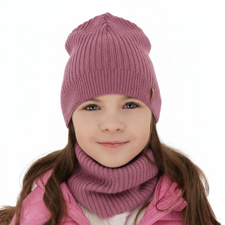 Herbst und Frühlingsset Mädchen: Mütze und Schlauchschal 100% extrafeine Merinowolle Rosa Chelsie