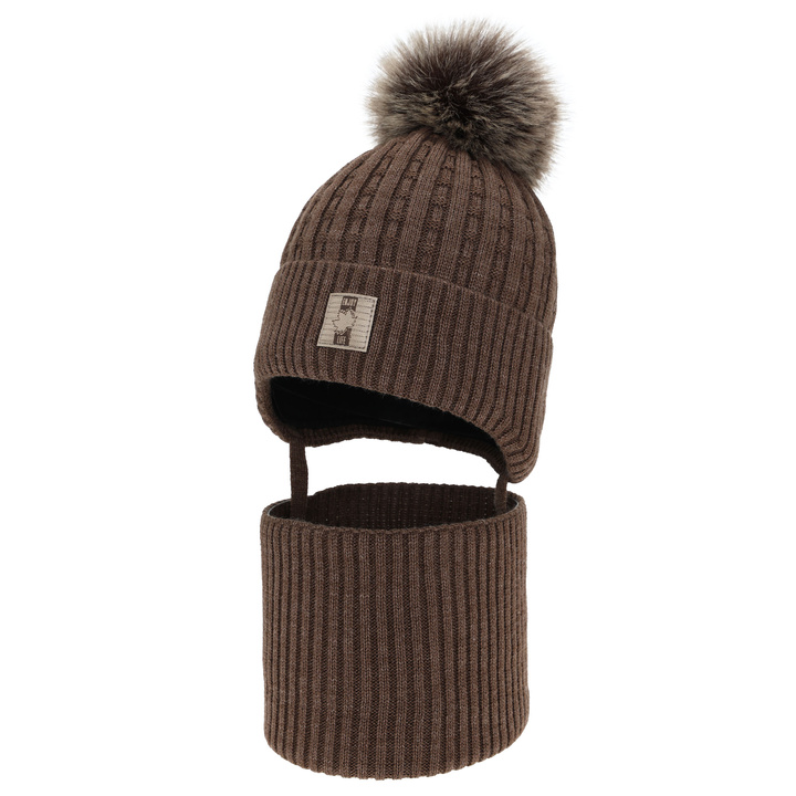 Winterset für Jungen: Mütze und Schlauchschal, mit Bommel, Braun, Fiamanto